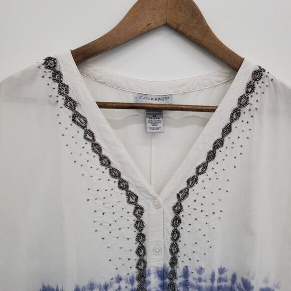 Catherines Tie Dye Beaded Button Blouse Top Plus Size 2X Short Sleeve Blue White - Picture 9 of 16